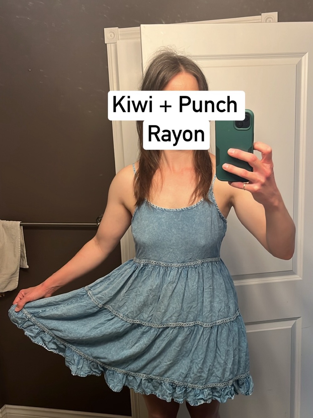 Kiwi + Punch Light Blue Rayon Denim-Style Tiered Sundress. Spaghetti strap.
